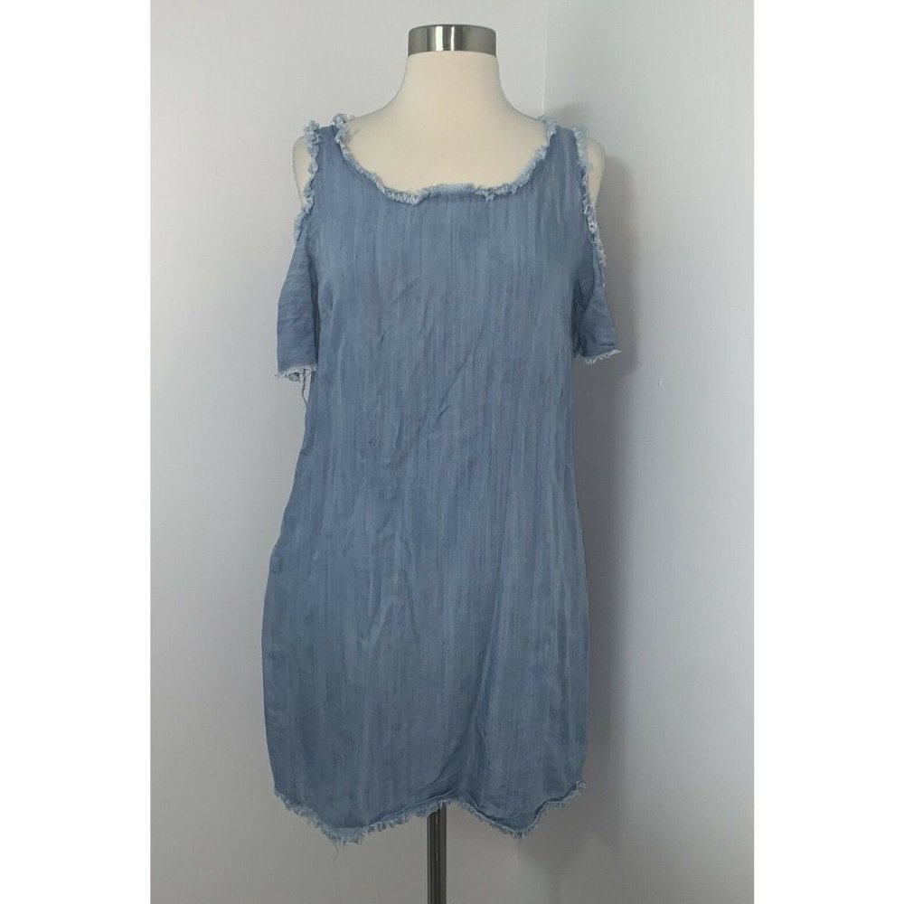 Elan Pocket Denim Womens Shift Dress Size M Cold Shoulder Frayed Hems Blue